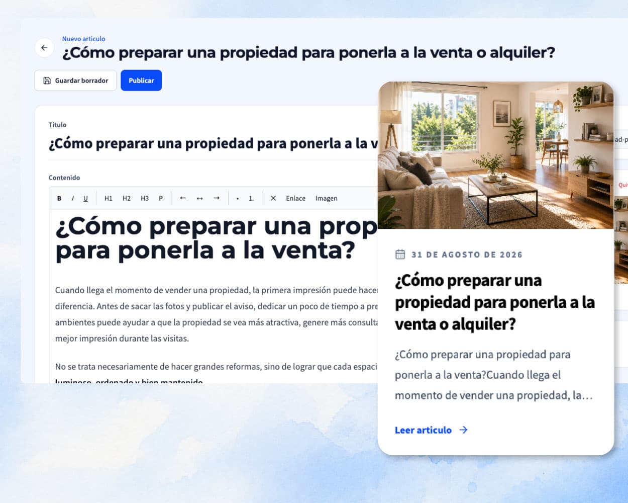 Editor y vista previa de un blog inmobiliario dentro de 2clics