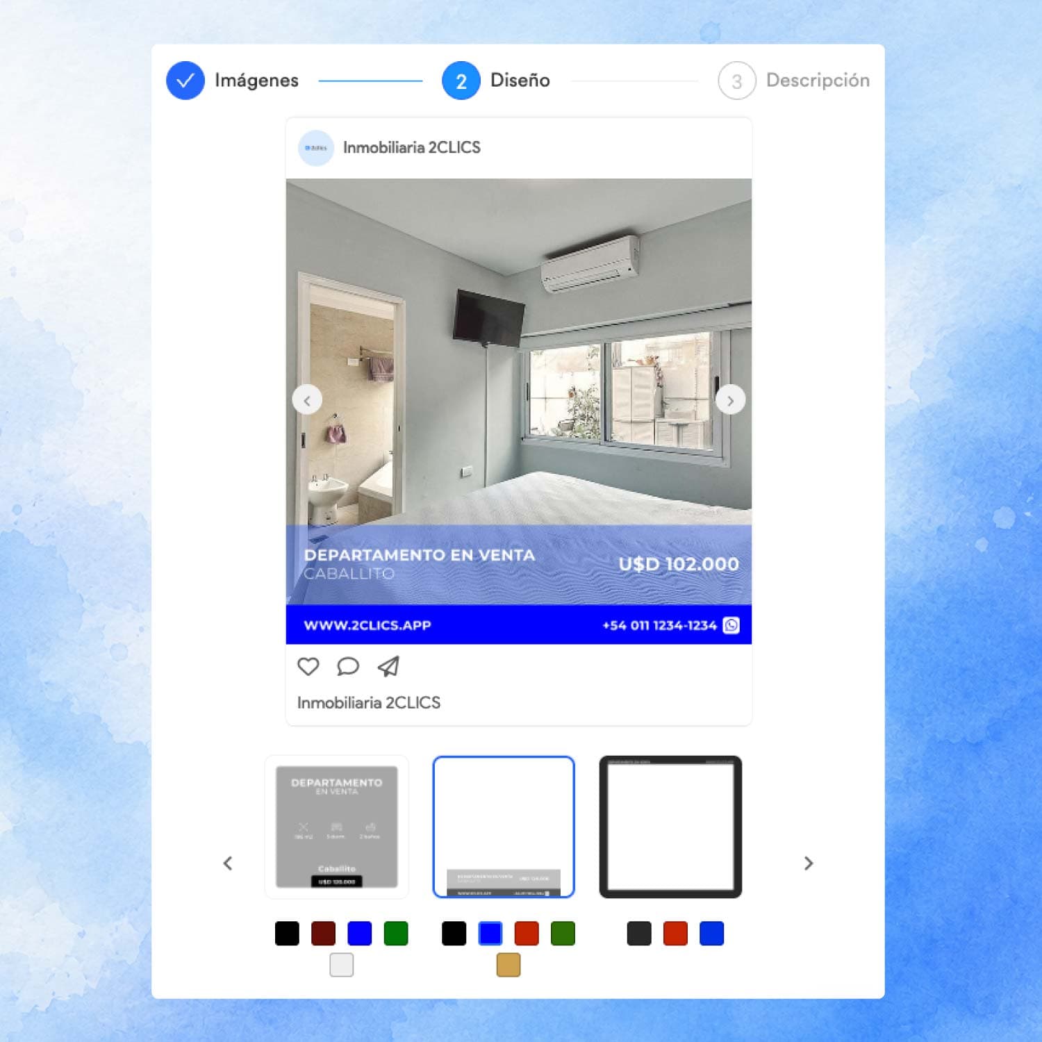 Selección de plantillas y colores para publicaciones de Instagram en 2clicsApp