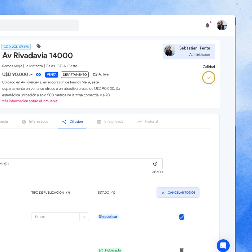 Propiedad con el agente asignado dentro del CRM inmobiliario 2clics