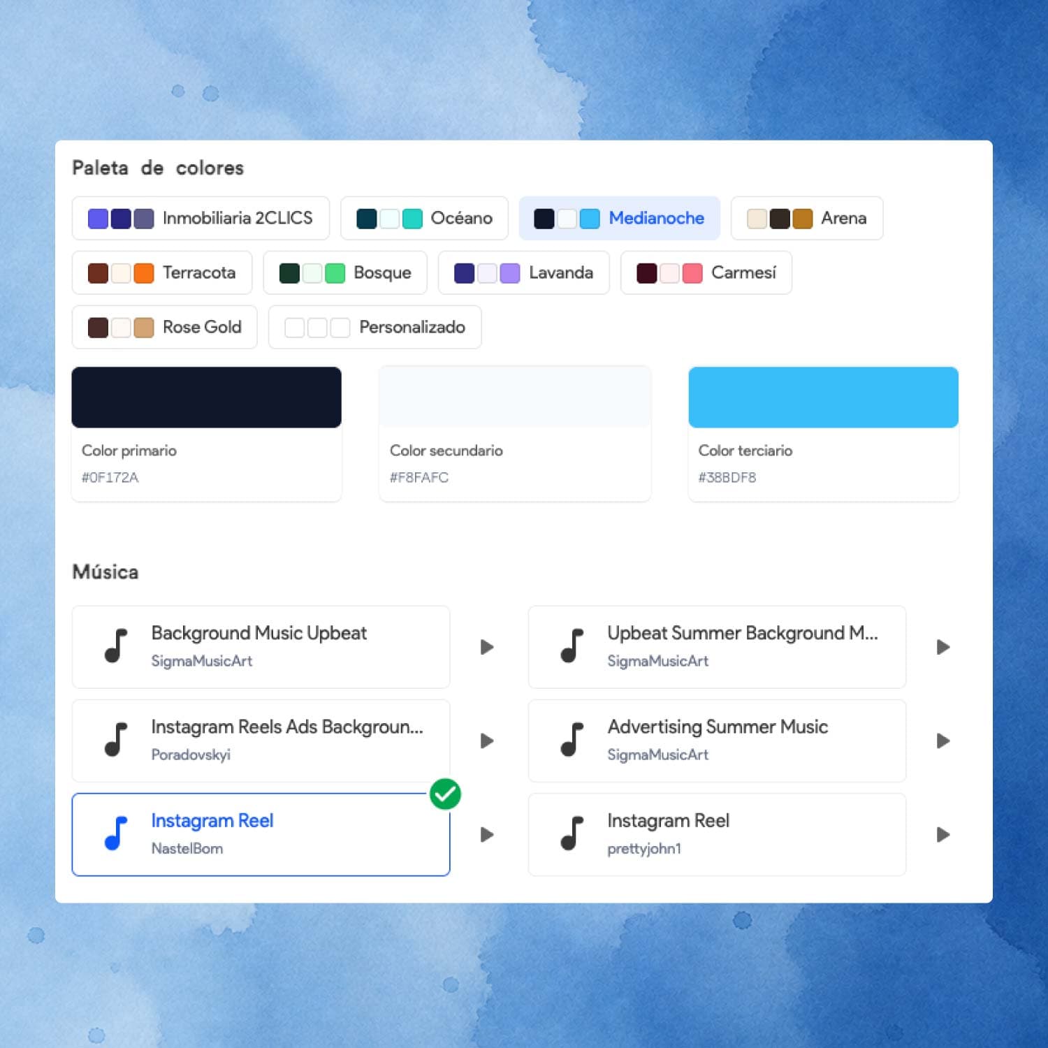 Selección de colores y música para un reel de propiedades