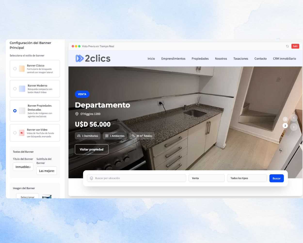 Panel para seleccionar y configurar el encabezado de un sitio web inmobiliario